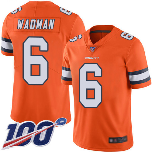 Men Denver Broncos #6 Colby Wadman Limited Orange Rush Vapor Untouchable 100th Season Football NFL Jersey